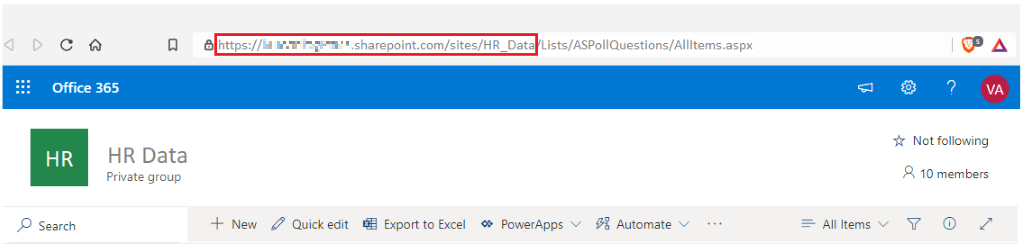 SharePoint Online リストの URL のスクリーンショット。