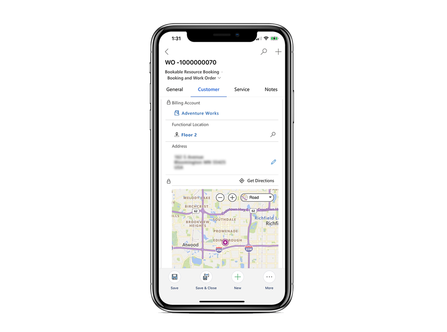 予約およびマップ上での場所を示す Field Service Mobile アプリのスクリーンショット。