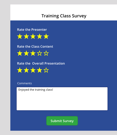 トレーニング クラスのアンケート アプリのスクリーンショット。