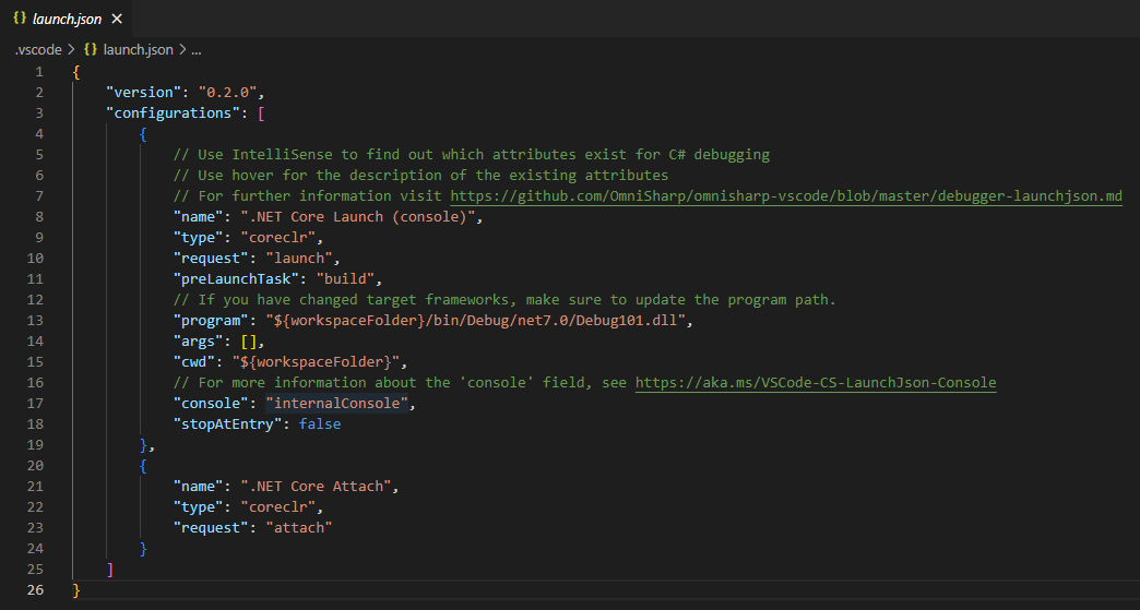 C# コンソール アプリケーションの既定の launch.json ファイルを示すスクリーンショット。