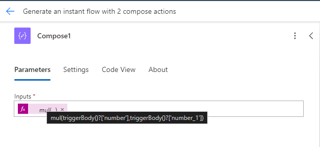 Compose ステップ内の正しい式を示すスクリーンショット。