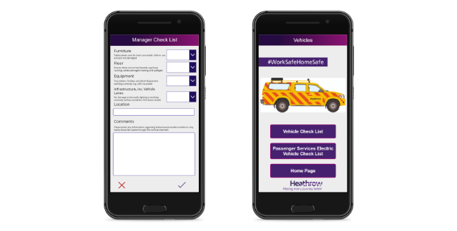 ヒースロー空港アプリケーション用 Power Apps のモバイル表示のスクリーンショット。