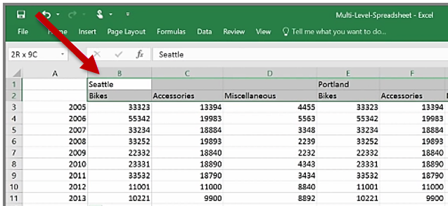 ヘッダーが複数の列にまたがる Excel スプレッドシートのスクリーンショット。