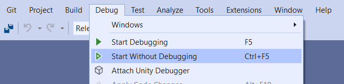 Screenshot of Visual Studio with the Start Without Debugging menu item displayed.