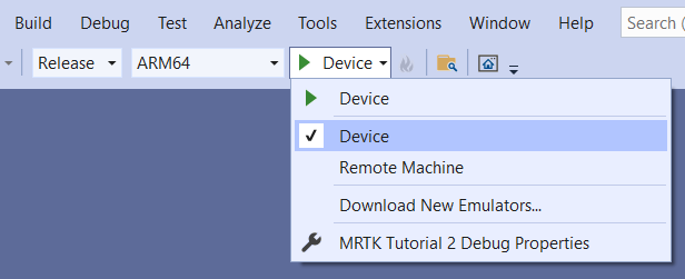 Screenshot of Visual Studio window with Device as the target.