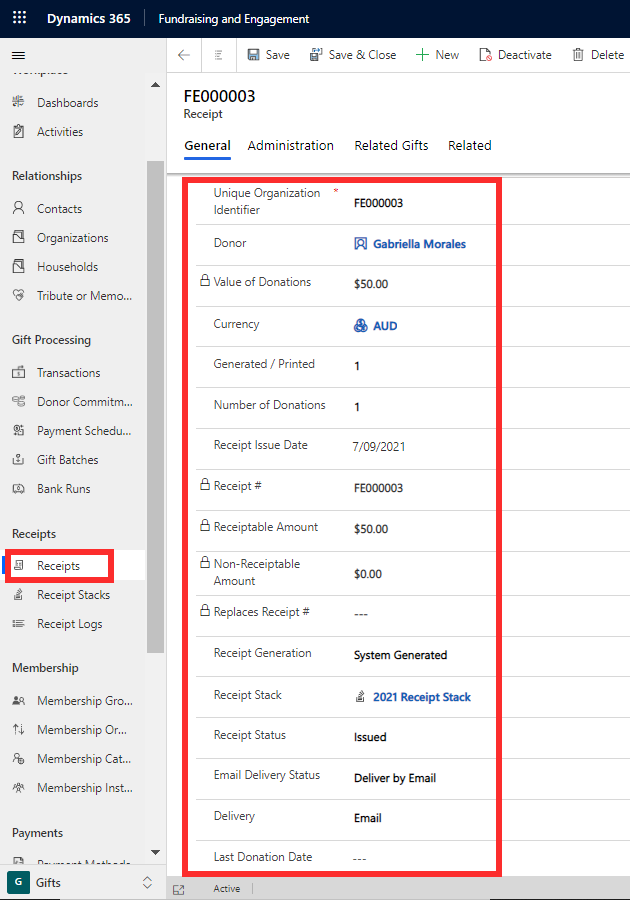 Screenshot of a receipts record on the general tab of Fundraising and Engagement.