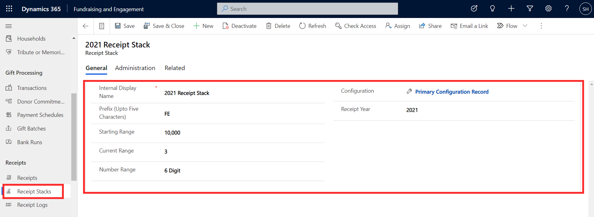 Screenshot of Receipt Stacks in the left navigation in the Gifts area of Fundraising and Engagement.