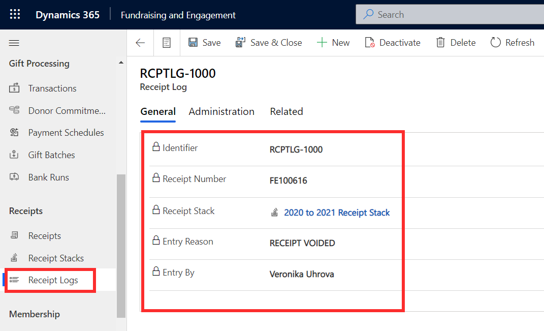 Screenshot of the Receipt Log page in Fundraising and Engagement.
