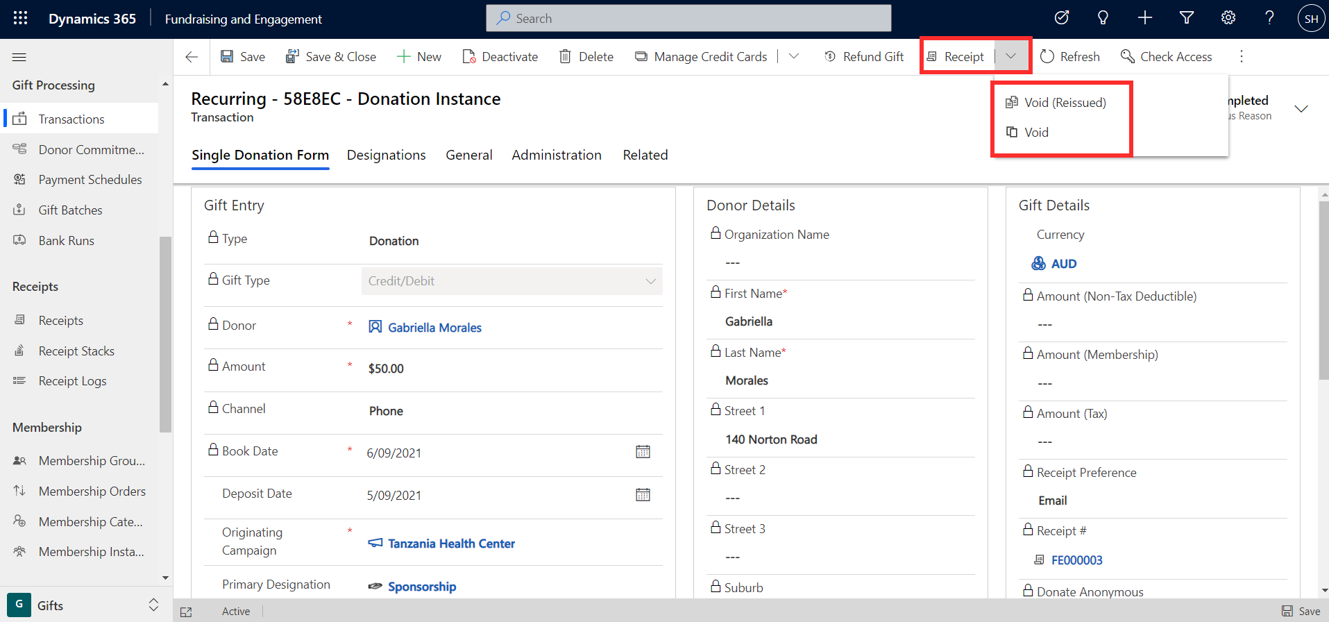 Screenshot of the Receipt tab with the Void Reissued and Void options highlighted.