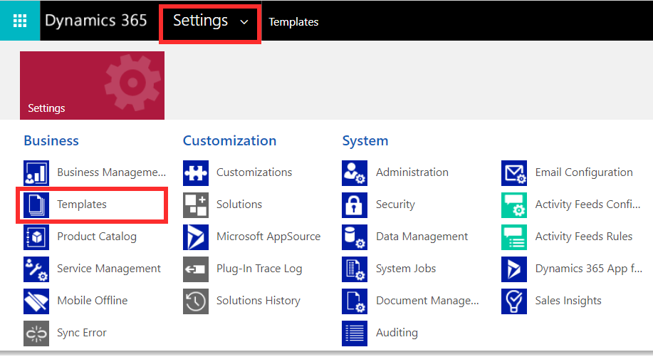 Screenshot of the settings menu with the Templates option highlighted.