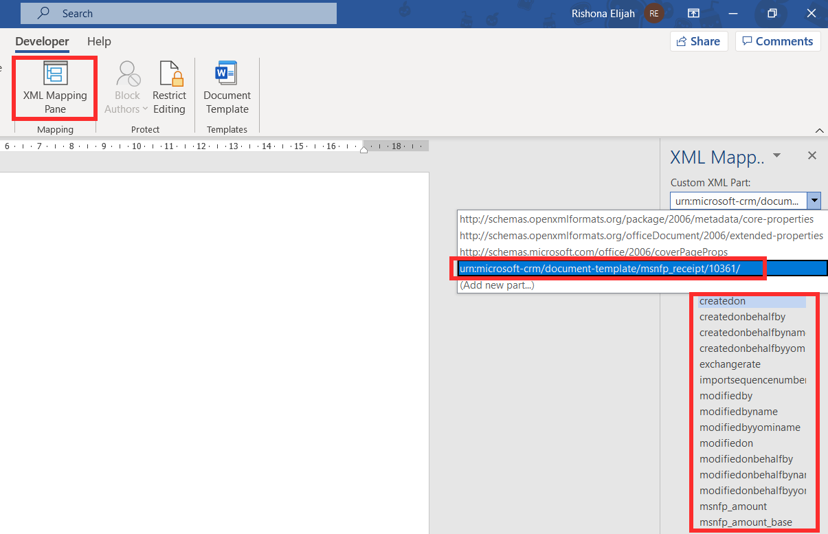 Screenshot of the XML Mapping Pane drop down list.
