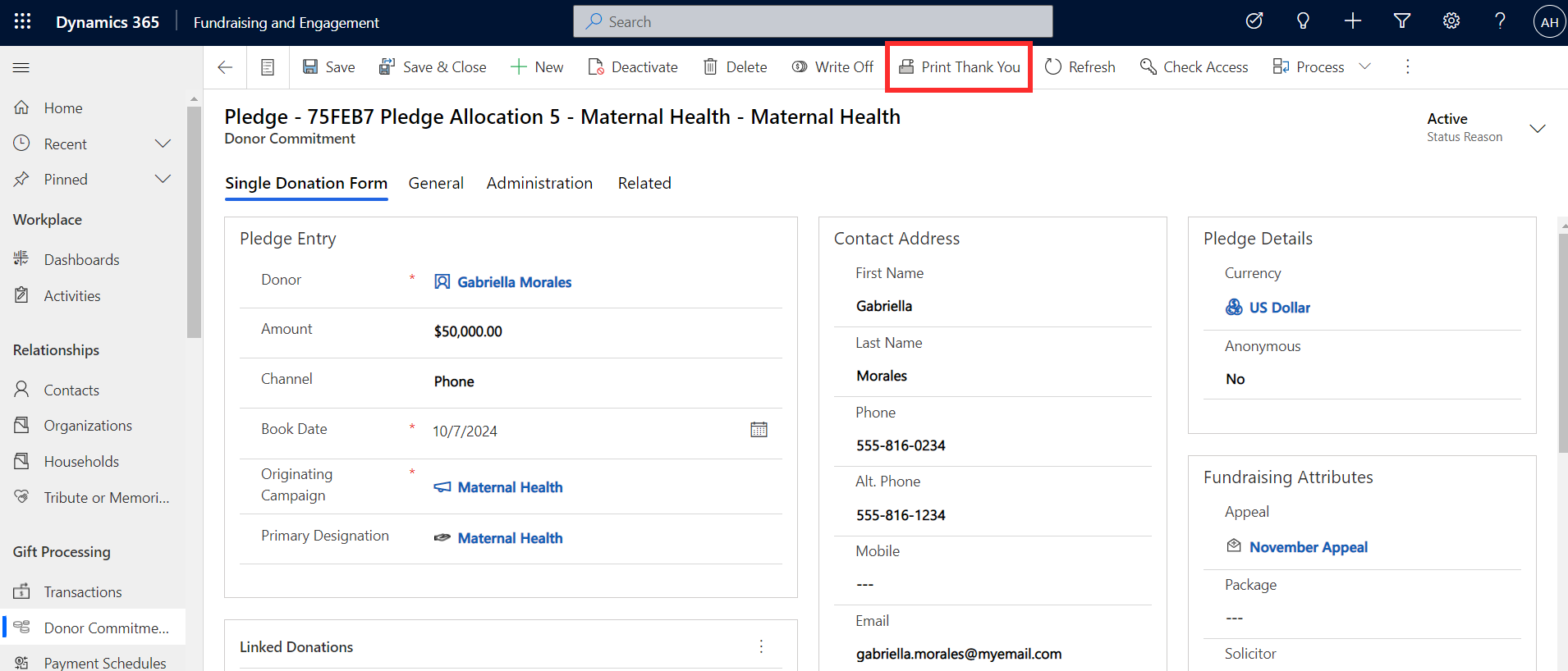 Screenshot of the commitment record with the Print Thank You option highlighted.