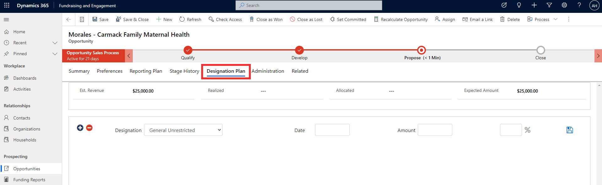 Screenshot of Fundraising and Engagement with an opportunity open to the Designation Plan tab.