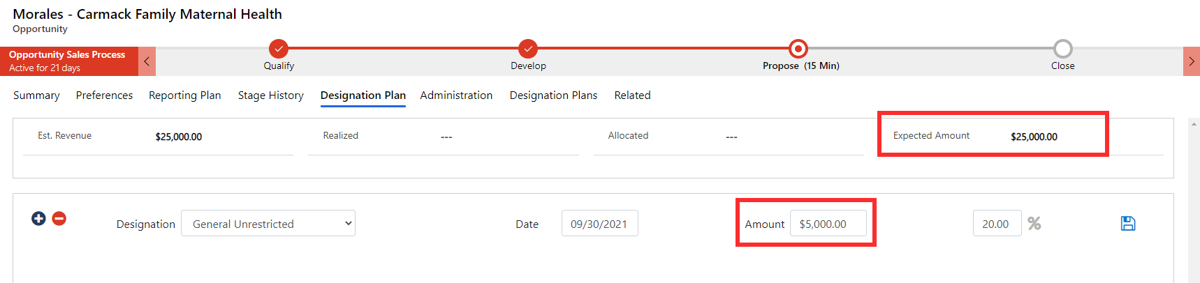 Screenshot of the Designation Plan tab with Expected Amount and Amount entries highlighted.