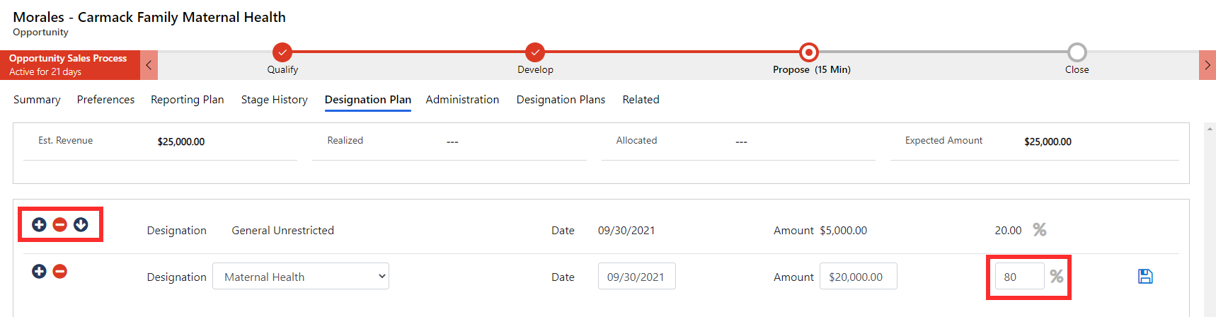 Screenshot of the Designation Plan tab with the add, remove, and reorder buttons highlighted, and with the percent column highlighted.