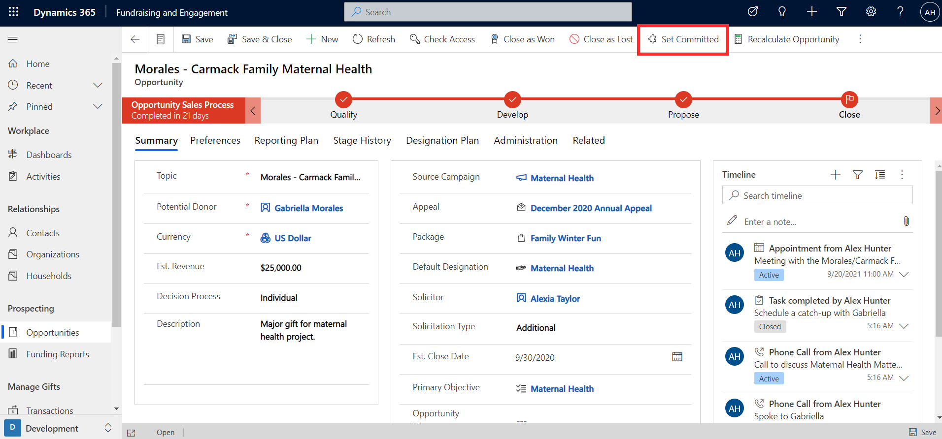 Screenshot of Fundraising and Engagement with an opportunity open and the Set Committed button highlighted.