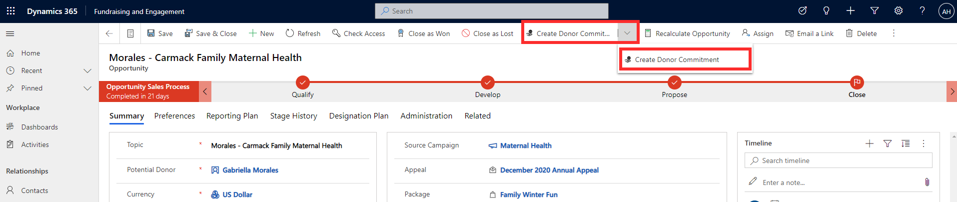 Screenshot of Fundraising and Engagement with an opportunity open and the Create Donor Commitment button highlighted.
