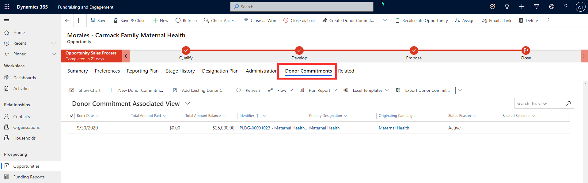 Screenshot of Fundraising and Engagement with an opportunity open to the Donor Commitments tab.