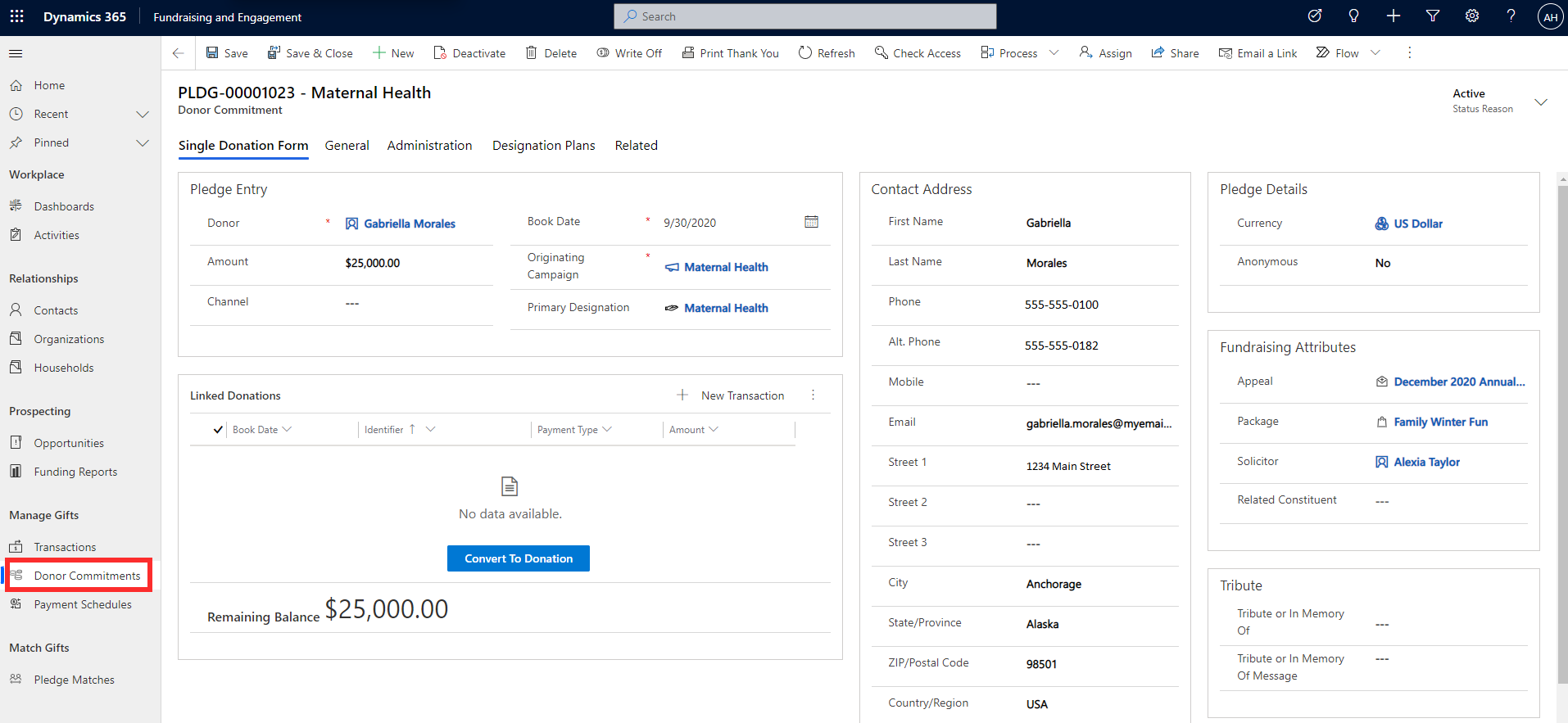 Screenshot of the Fundraising and Engagement Donor Commitments page.