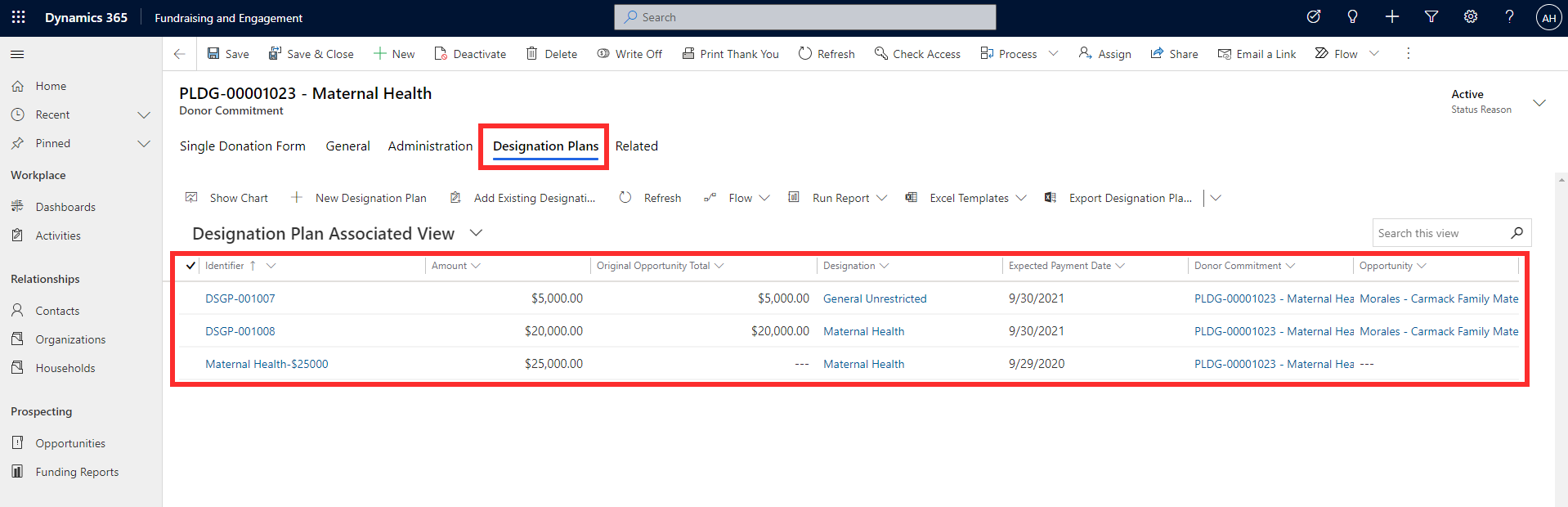 Screenshot of Fundraising and Engagement donor commitments open to the Designation Plans tab.