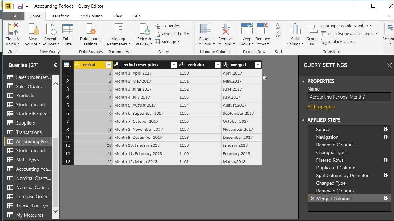 データを調整するためのステップバイステップ手順が表示されている Power Query エディター ウィンドウのスクリーンショット。