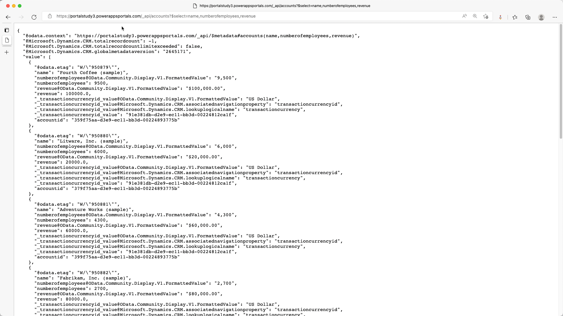 サンプル ポータル Web API の出力のスクリーンショット。