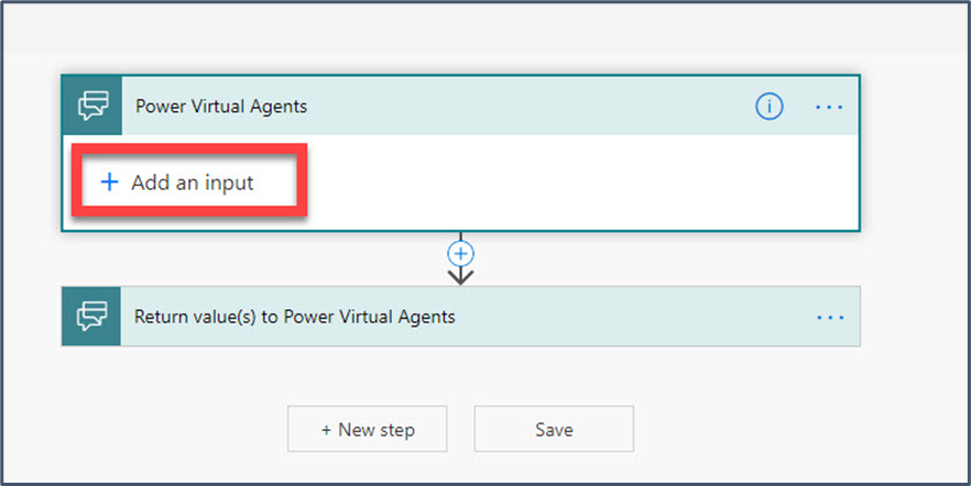 Power Virtual Agentsで選択された「入力の追加」オプションが表示されているスクリーンショット。