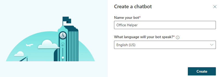 ボットの名前と言語を選択することにより、チャットボットを作成する方法を示しているスクリーンショット。