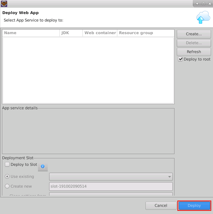 Screenshot of the Deploy Web App wizard. The Create button is highlighted.