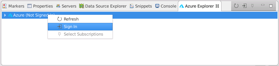 Eclipse の Azure Explorer のスクリーンショット。ユーザーがサインインしようとしています。