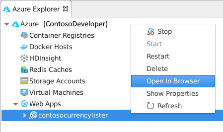 Screenshot of Azure Explorer. The user has selected the Open In Browser command for the web app.
