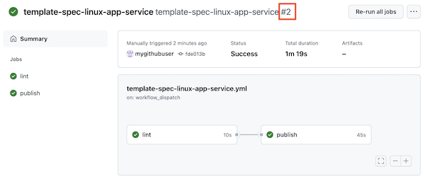 Screenshot of GitHub that shows a successful workflow run and highlights the run number.