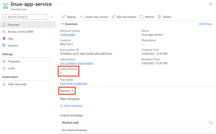 Screenshot of the Azure portal that shows the template spec details.