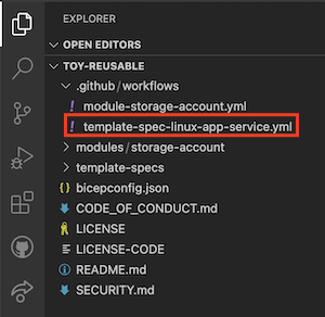 Screenshot of Visual Studio Code that shows the location of the workflow definition file.
