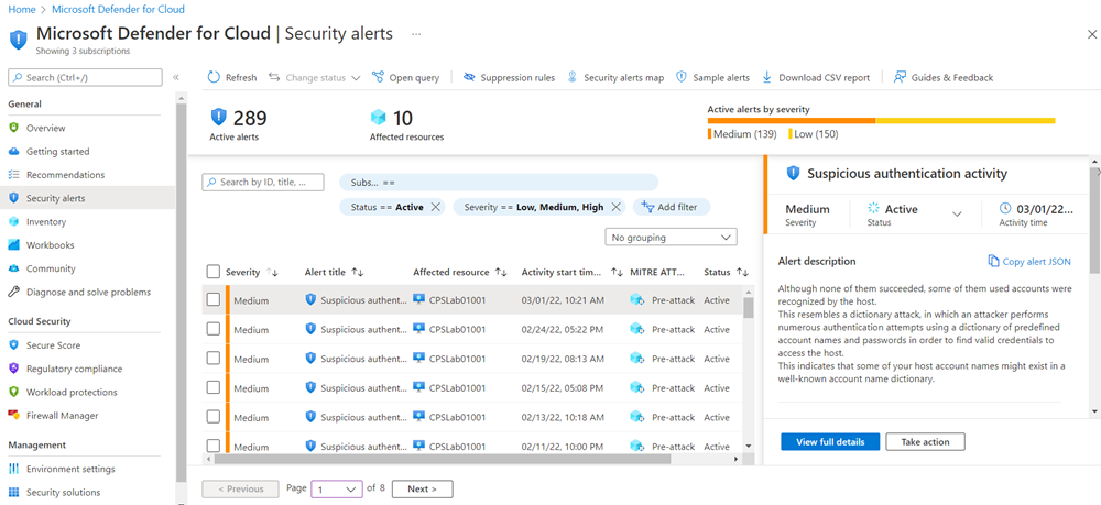Screenshot that shows the security alert details pane.