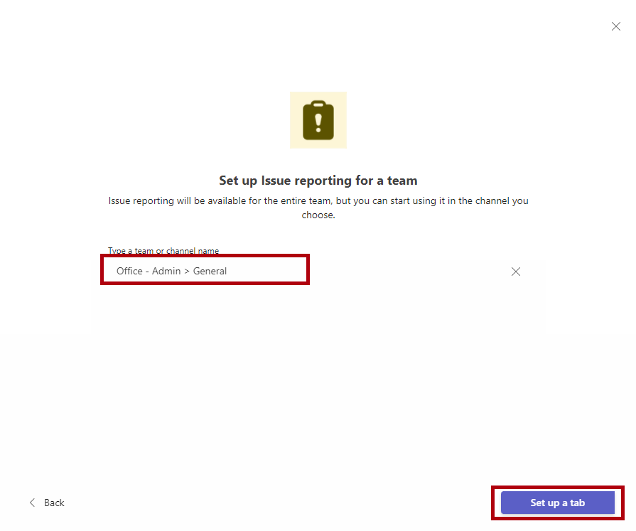 チーム タイプが Office Admin General に設定されている問題レポート アプリのスクリーンショット。