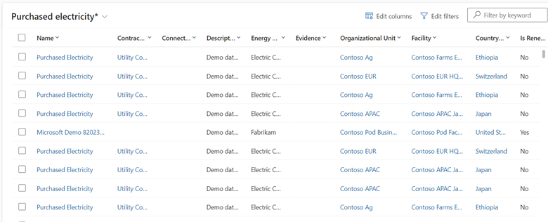 Screenshot of the Purchased electricity view showing all imported purchased electricity activity data.