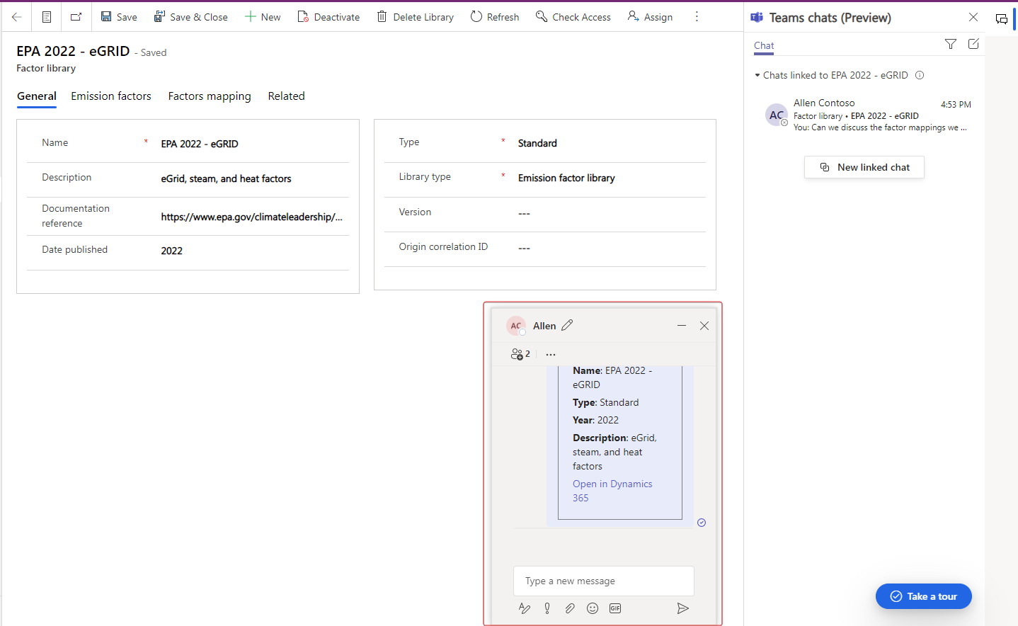 Screenshot of Power Apps Sustainability Manager with the embedded chat window.