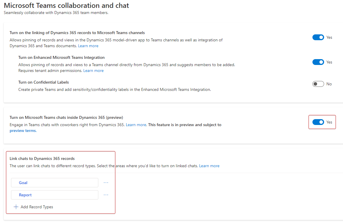Screenshot of the Microsoft Teams collaboration and chat settings with the Link chats to Dynamics 365 records options highlighted.