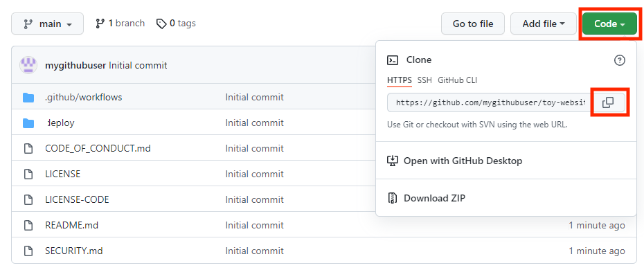 GitHub インターフェイスのスクリーンショット。新しいリポジトリが表示され、リポジトリの URL のコピー ボタンが強調表示されています。