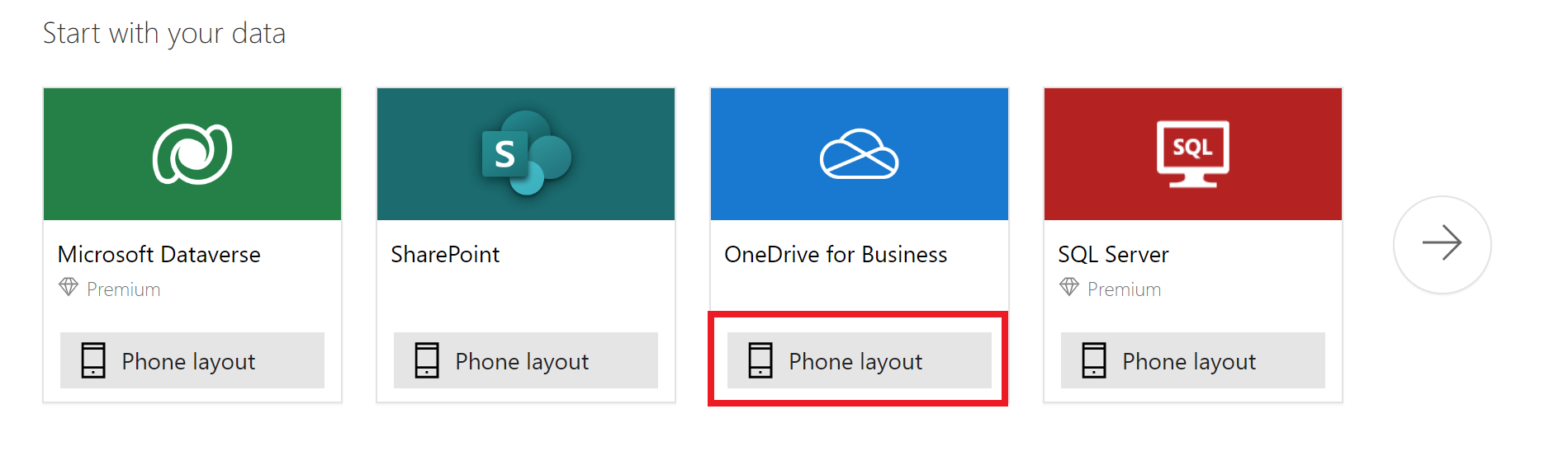 OneDrive for Business 用携帯電話レイアウトが強調表示された、データを開始する画面のスクリーンショット。