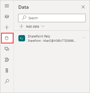 [データ] が選択され、SharePoint リストがデータ ソースとして追加されたことを示すサイドレールのビュー。