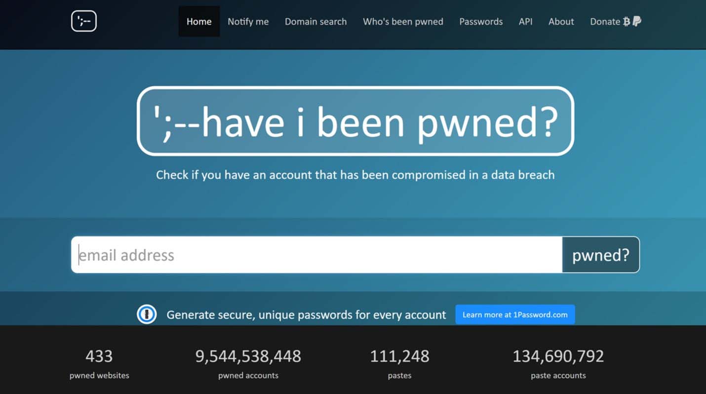Screenshot of the *have i been pwned* landing page with a field to enter your account email.