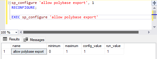 PolyBase エクスポートを許可するオプションの構成のスクリーンショット。