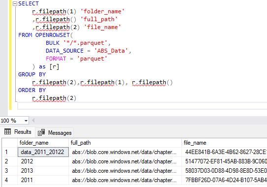 ファイルパス関数を示す SSMS のスクリーンショット。