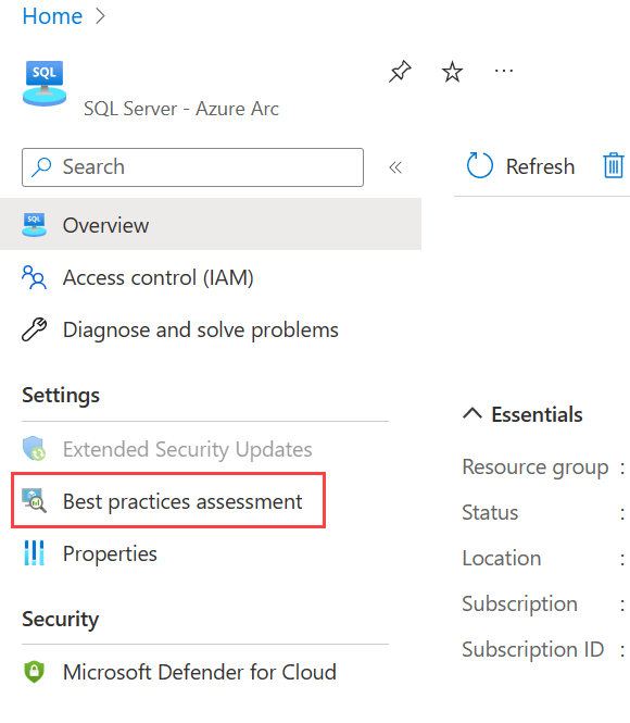 Azure portal のベスト プラクティス評価オプションを示すスクリーンショット。