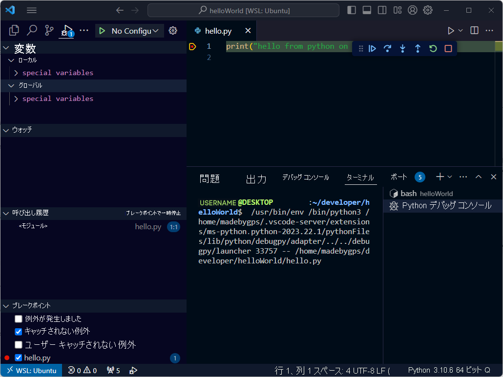 Visual Studio Code での Python コードのデバッグのスクリーンショット。