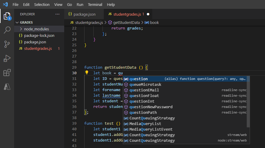 Screenshot of Visual Studio Code interface showing code syntax coloring, bracket matching, and IntelliSense.