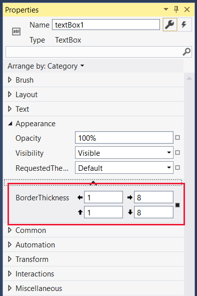 Screenshot that shows the Appearance menu expanded in the Properties window, with the BorderThickness settings in a red box.