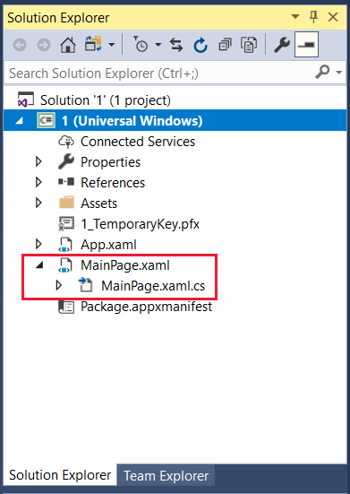 Screenshot that shows the MainPage.xaml and MainPage.xaml.cs files in a red box in Solution Explorer.